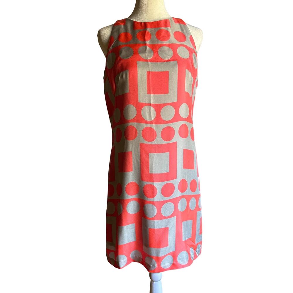 MILLY | Geometric Silk Twill Mod Shift Cocktail Dress Coral and Gray - Size 4